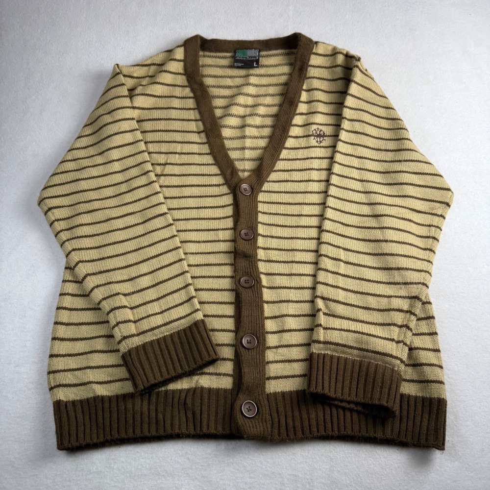 Southpole Mens Striped Knit Cardigan Sweater Brown Tan V-Neck Button Front Large